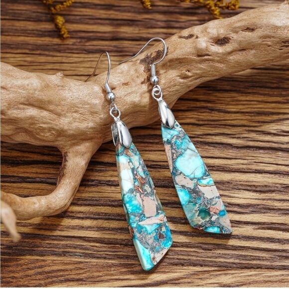 18K White Gold with Natural Imperial Blue Jasper Stone Dangling Hook Earrings - Picture 2 of 5